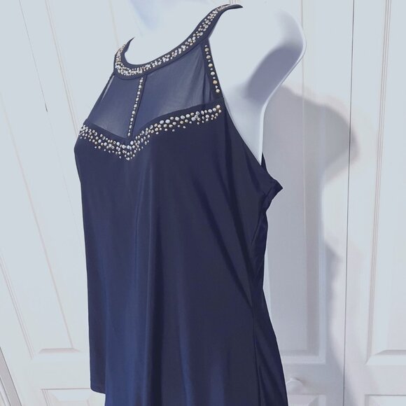 Cache-NWT-Navy Mesh/Gold/Silver Beaded Sleeveless Top-Sz. Medium-Fancy-Built Bra - Picture 1 of 13